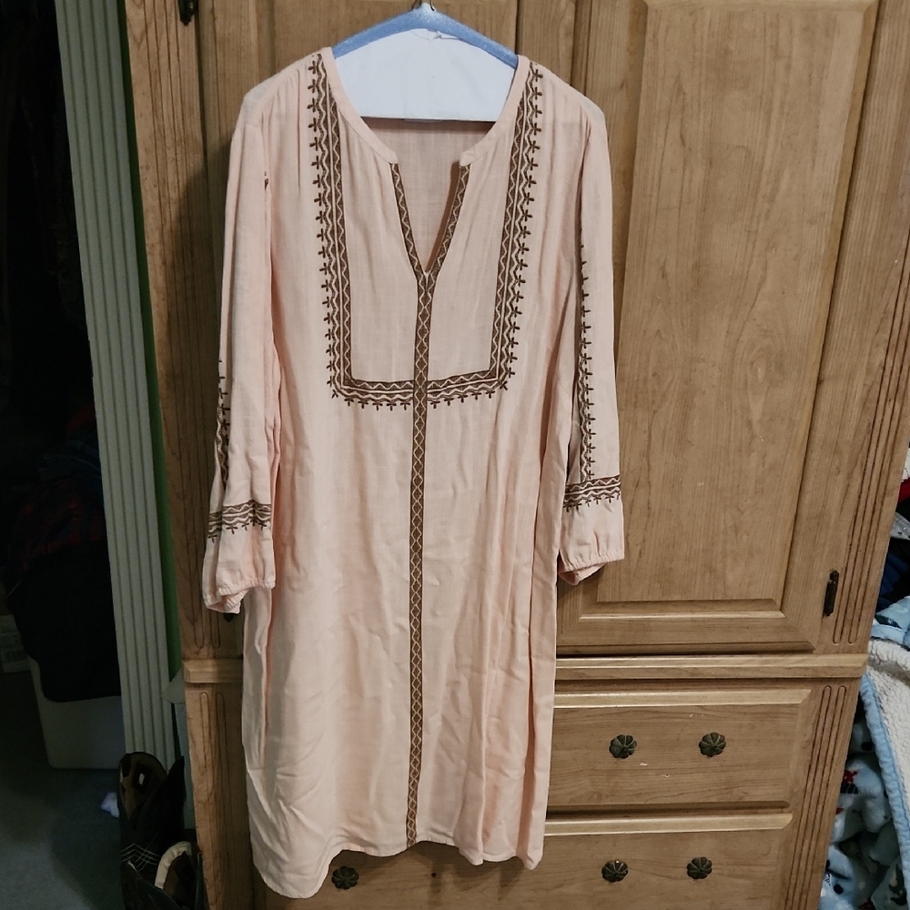Peach Tunic Dress with Brown Embroidery